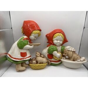 Homco Girl Washing Dog & Feeding Cats 7495 A & B Lot 2 Vintage 1977